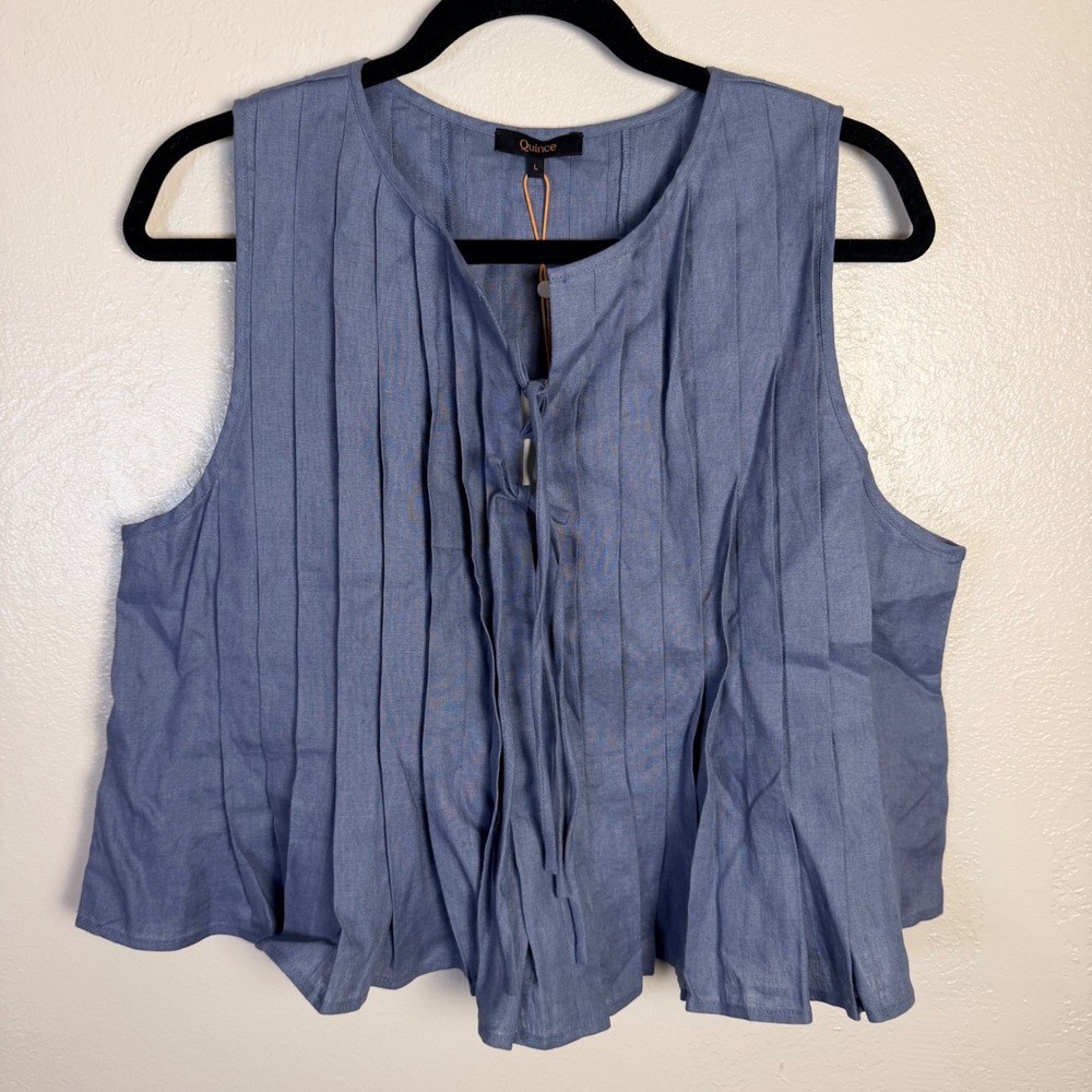 New Quince Women's L 100% European Linen Pleated Tank Moonstone Blue Tie Front
